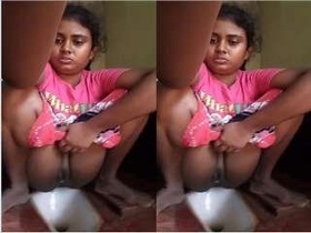 Amateur girl records her own peeing video in a rustic setting