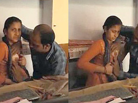 Headmaster gives teacher a nipple sucking in staff room