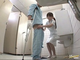 Japanese nurse uses her strength to jerk off relative for sample collection